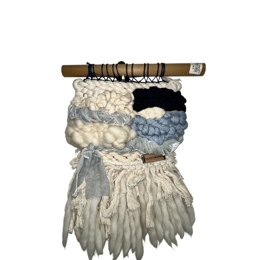 Handmade Roving‎ Wool Velvet Tapestry Wall Hanging Bohemian Boho Ivory Blue 15"